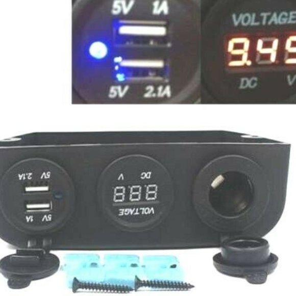 Marine 12V Car-Boat-RV-ATV  Power Socket + Voltmeter + Dual USB Charger - Picture 1 of 4
